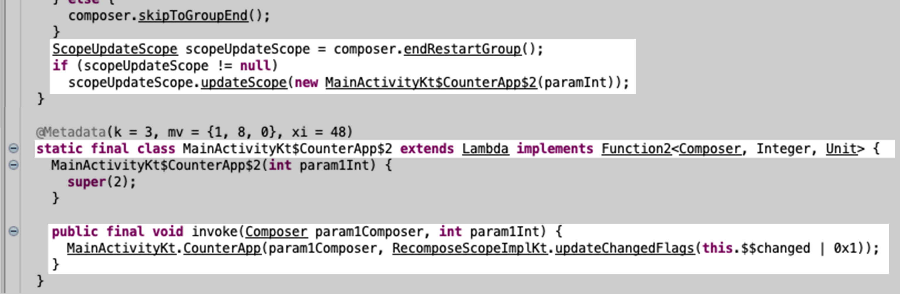 Code for obtaining reference to the @Composable function for recomposing